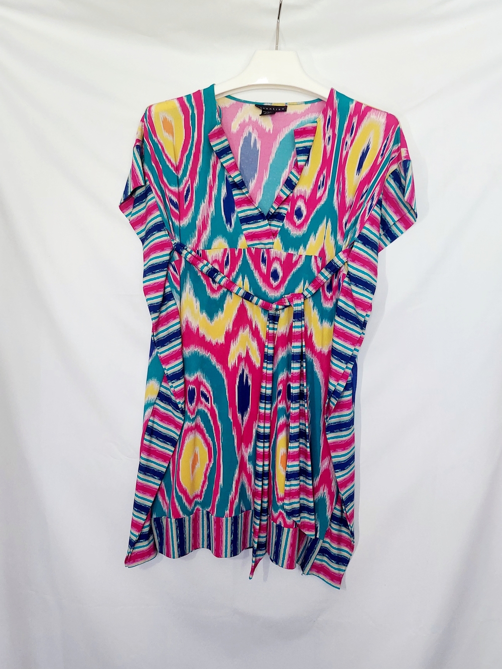 attention Ikat-Print Short Sleeve Tunic in Teal, Pink & Yellow